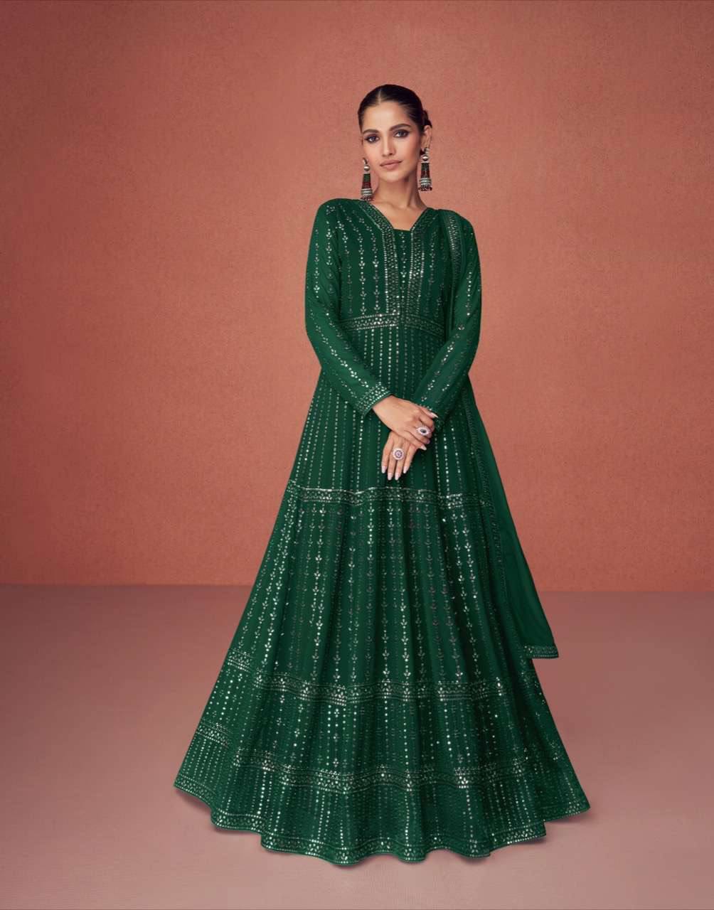 Gown for Parties: Green with Exquisite Embroidery Main image