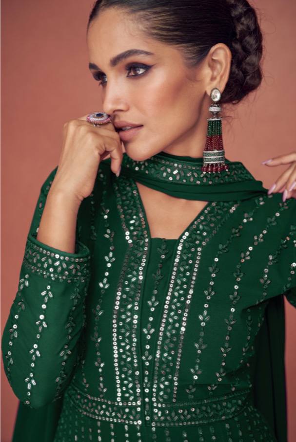 Gown for Parties: Green with Exquisite Embroidery