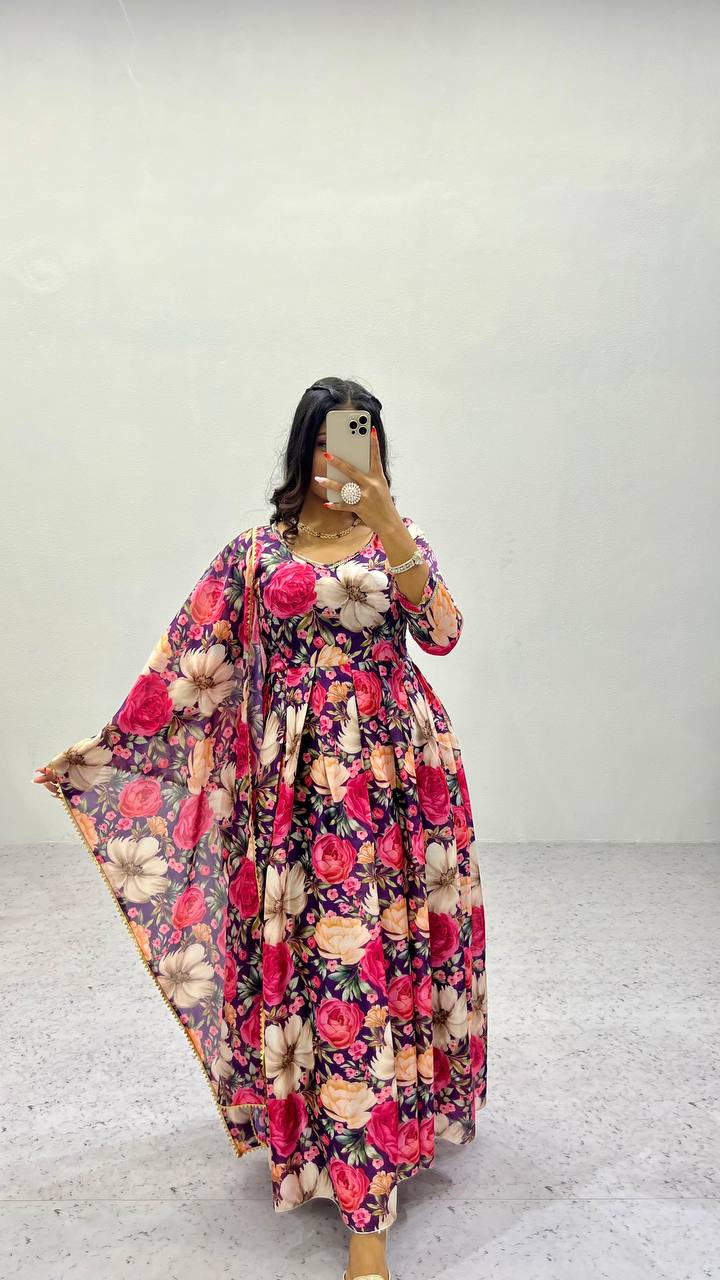 Graceful Heavy Chinon Printed Gown Set – Effortless Elegance! ClothsVilla