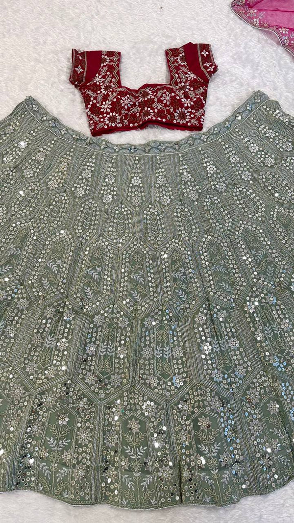 Gray And Pink Sequins, Dori & Zari Work Lehenga Choli ClothsVilla