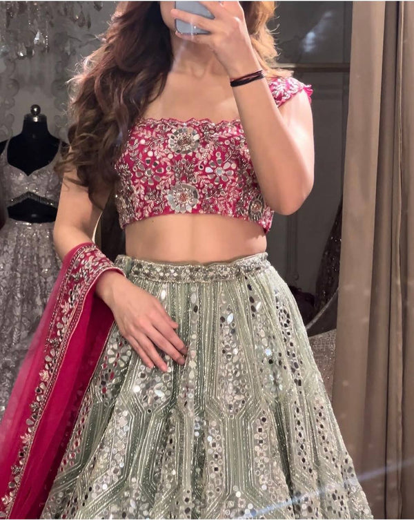Gray And Pink Sequins, Dori & Zari Work Lehenga Choli ClothsVilla