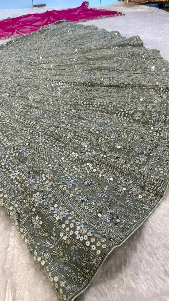 Gray And Pink Sequins, Dori & Zari Work Lehenga Choli ClothsVilla