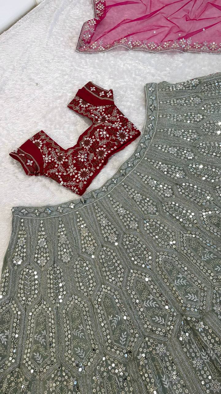 Gray And Pink Sequins, Dori & Zari Work Lehenga Choli ClothsVilla