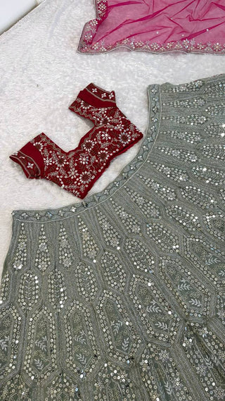 Gray And Pink Sequins, Dori & Zari Work Lehenga Choli ClothsVilla