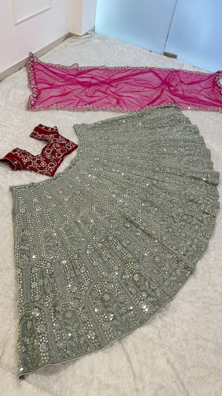 Gray And Pink Sequins, Dori & Zari Work Lehenga Choli ClothsVilla