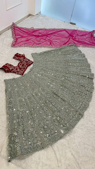 Gray And Pink Sequins, Dori & Zari Work Lehenga Choli ClothsVilla