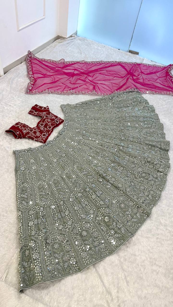 Gray And Pink Sequins, Dori & Zari Work Lehenga Choli ClothsVilla