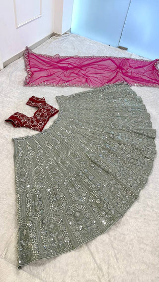 Gray And Pink Sequins, Dori & Zari Work Lehenga Choli ClothsVilla