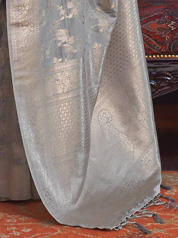Gray Banarasi Silk Blend Saree with Bidri Work & Zari Buta – Gold Accents & Tassel Detailing ClothsVilla