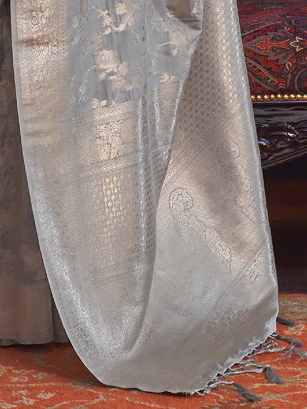 Gray Banarasi Silk Blend Saree with Bidri Work & Zari Buta – Gold Accents & Tassel Detailing ClothsVilla