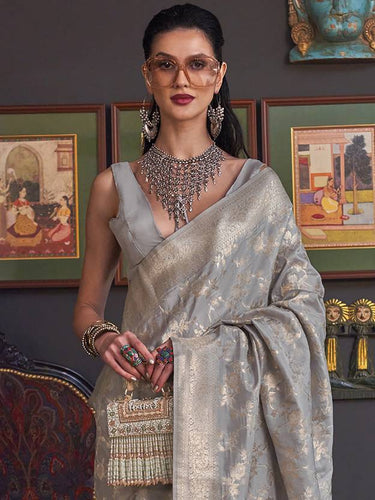 Gray Banarasi Silk Blend Saree with Bidri Work & Zari Buta – Gold Accents & Tassel Detailing ClothsVilla