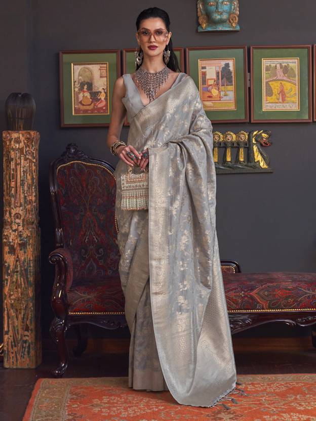 Gray Banarasi Silk Blend Saree with Bidri Work & Zari Buta – Gold Accents & Tassel Detailing ClothsVilla Main image