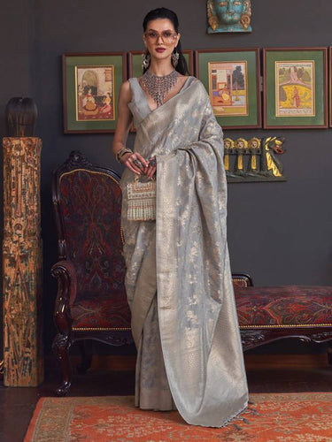 Gray Banarasi Silk Blend Saree with Bidri Work & Zari Buta – Gold Accents & Tassel Detailing ClothsVilla
