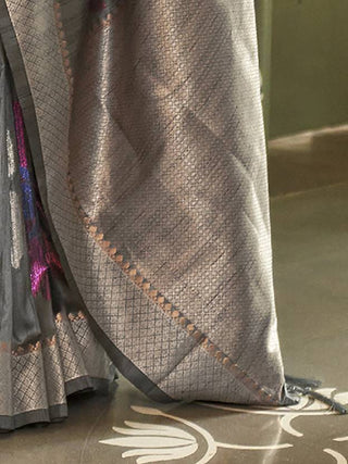 Gray Banarasi Silk Blend Saree with Unstitched Blouse Piece ClothsVilla
