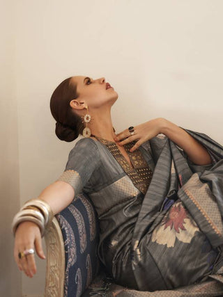 Gray Banarasi Silk Blend Saree with Unstitched Blouse Piece ClothsVilla