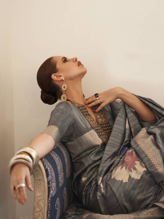 Gray Banarasi Silk Blend Saree with Unstitched Blouse Piece ClothsVilla