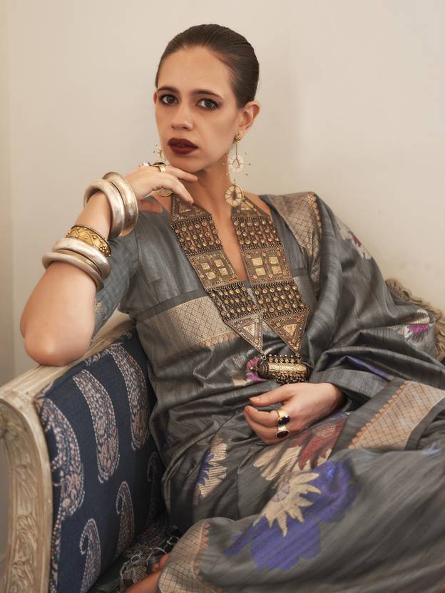 Gray Banarasi Silk Blend Saree with Unstitched Blouse Piece ClothsVilla