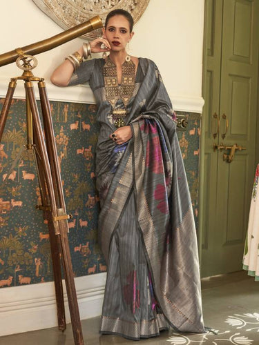 Gray Banarasi Silk Blend Saree with Unstitched Blouse Piece ClothsVilla