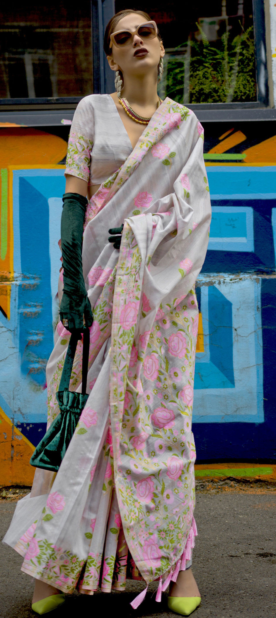 Gray Banarasi Silk Saree with Zari Kashmiri Weaving  & Unstitched Blouse ClothsVilla