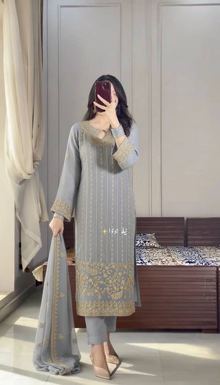 Gray Chinon Silk Kurta Bottom Set with Sequins, Rivet Moti Work ClothsVilla