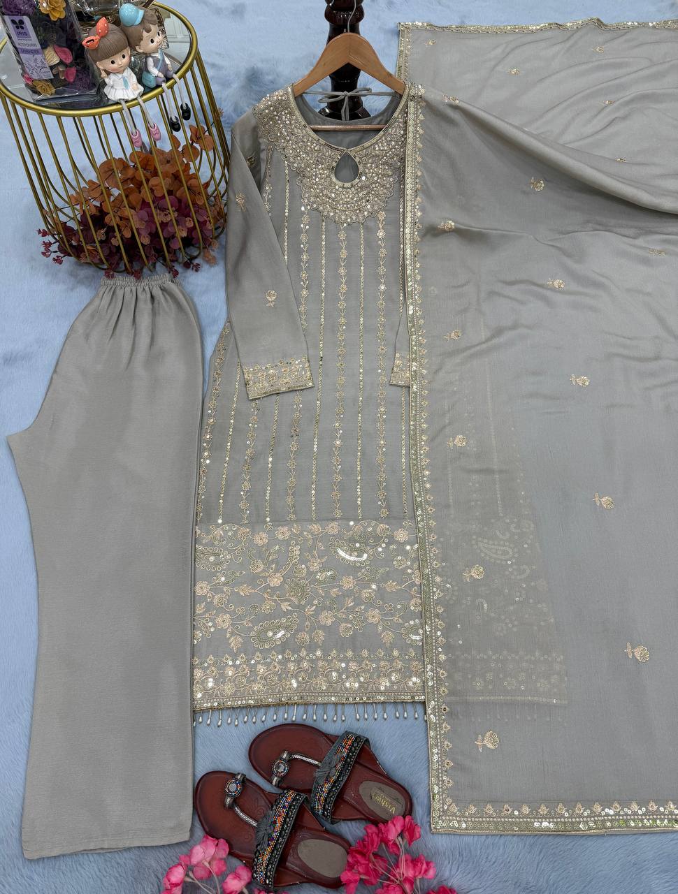 Gray Chinon Silk Kurta Bottom Set with Sequins, Rivet Moti Work ClothsVilla