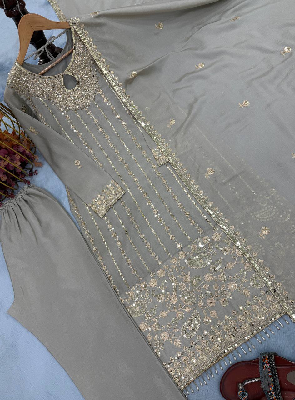 Gray Chinon Silk Kurta Bottom Set with Sequins, Rivet Moti Work ClothsVilla