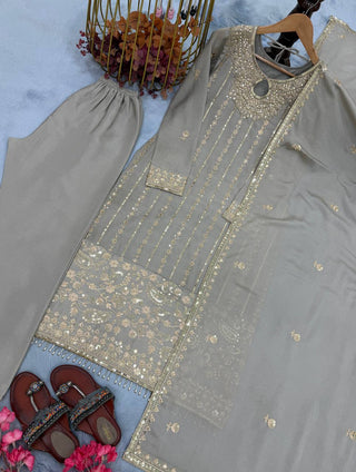 Gray Chinon Silk Kurta Bottom Set with Sequins, Rivet Moti Work ClothsVilla