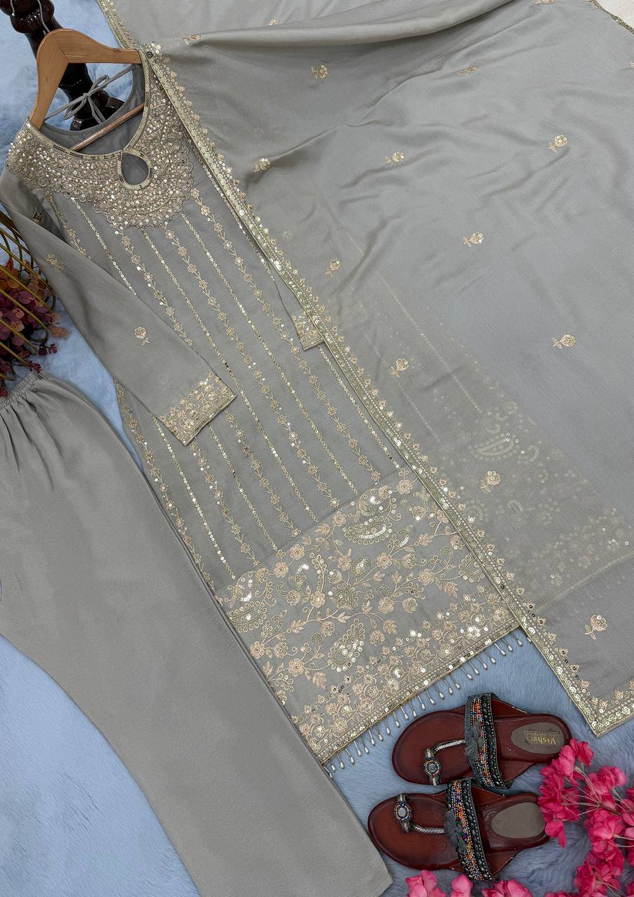 Gray Chinon Silk Kurta Bottom Set with Sequins, Rivet Moti Work ClothsVilla