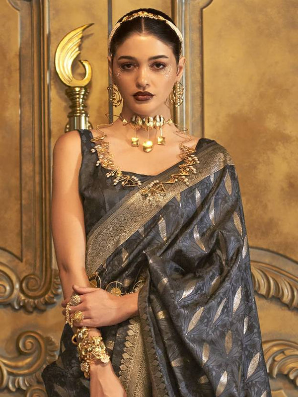 Gray Classic Banarasi Silk Blend Saree – Perfect for Weddings & Festive Occasions ClothsVilla