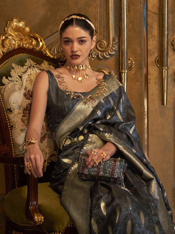 Gray Classic Banarasi Silk Blend Saree – Perfect for Weddings & Festive Occasions ClothsVilla