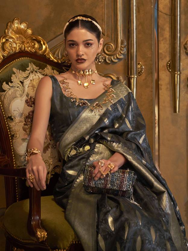 Gray Classic Banarasi Silk Blend Saree – Perfect for Weddings & Festive Occasions ClothsVilla