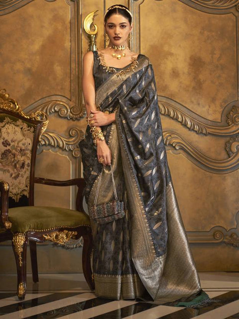 Gray Classic Banarasi Silk Blend Saree – Perfect for Weddings & Festive Occasions ClothsVilla Main image
