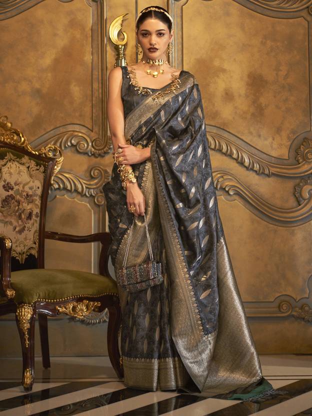 Gray Classic Banarasi Silk Blend Saree – Perfect for Weddings & Festive Occasions ClothsVilla