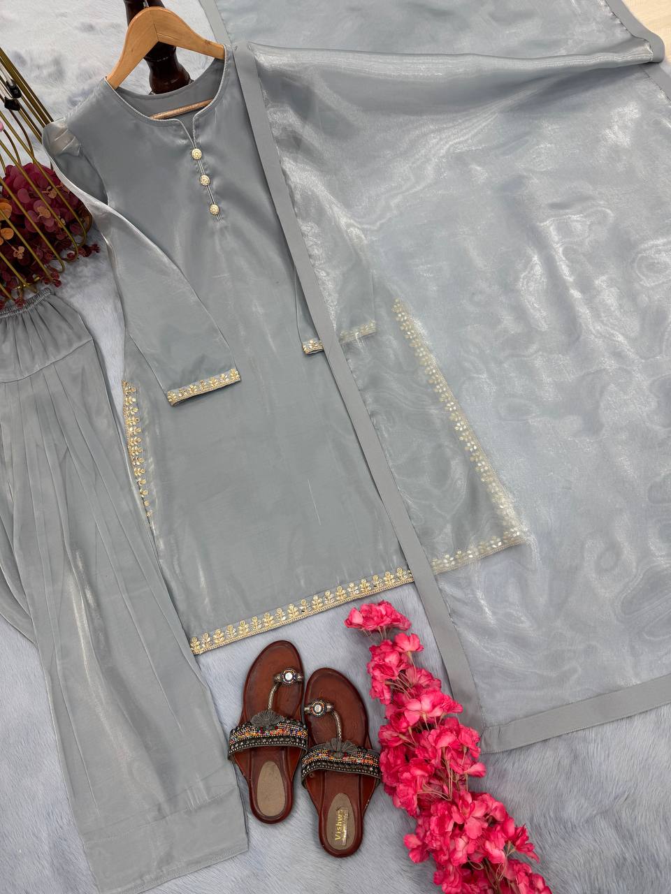 Gray Designer Embroidered Jimmy Choo Farshi Plazzo Suit Set ClothsVilla