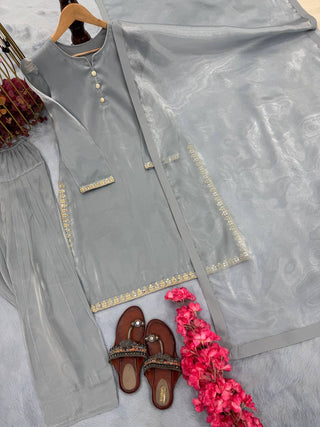 Gray Designer Embroidered Jimmy Choo Farshi Plazzo Suit Set ClothsVilla