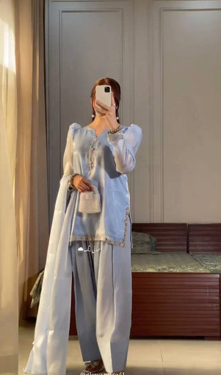 Gray Designer Embroidered Jimmy Choo Farshi Plazzo Suit Set ClothsVilla