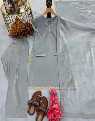 Gray Designer Embroidered Jimmy Choo Farshi Plazzo Suit Set ClothsVilla