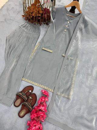 Gray Designer Embroidered Jimmy Choo Farshi Plazzo Suit Set ClothsVilla