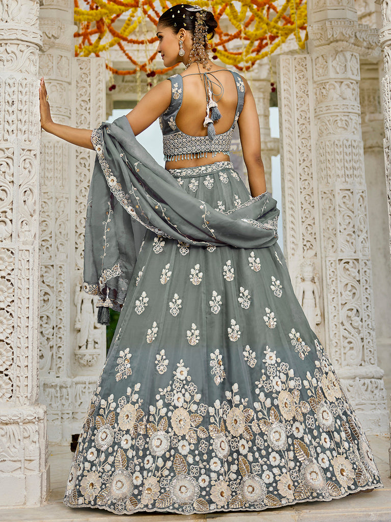 Gray Designer Organza Sequin & Embroidery Work Lehenga Choli with Dupatta – 4Meter Grand Flair, Fully Stitched ClothsVilla