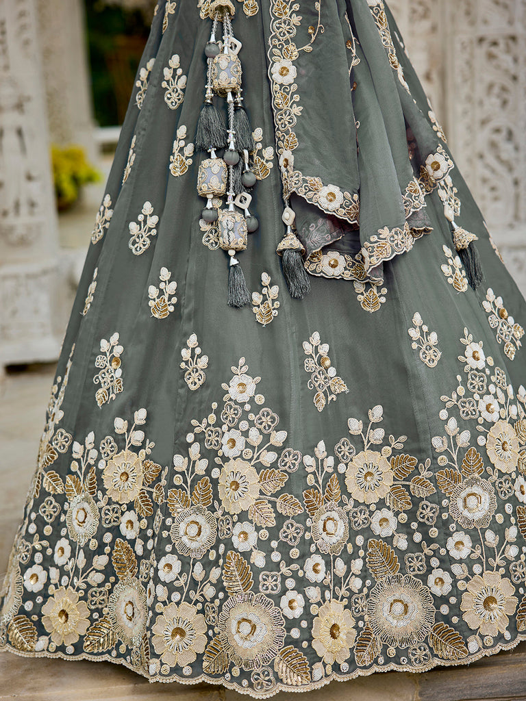 Gray Designer Organza Sequin & Embroidery Work Lehenga Choli with Dupatta – 4Meter Grand Flair, Fully Stitched ClothsVilla