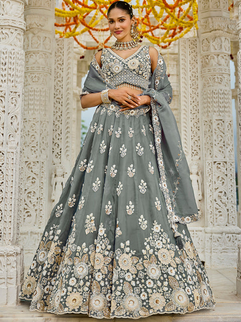 Gray Designer Organza Sequin & Embroidery Work Lehenga Choli with Dupatta – 4Meter Grand Flair, Fully Stitched ClothsVilla Main image