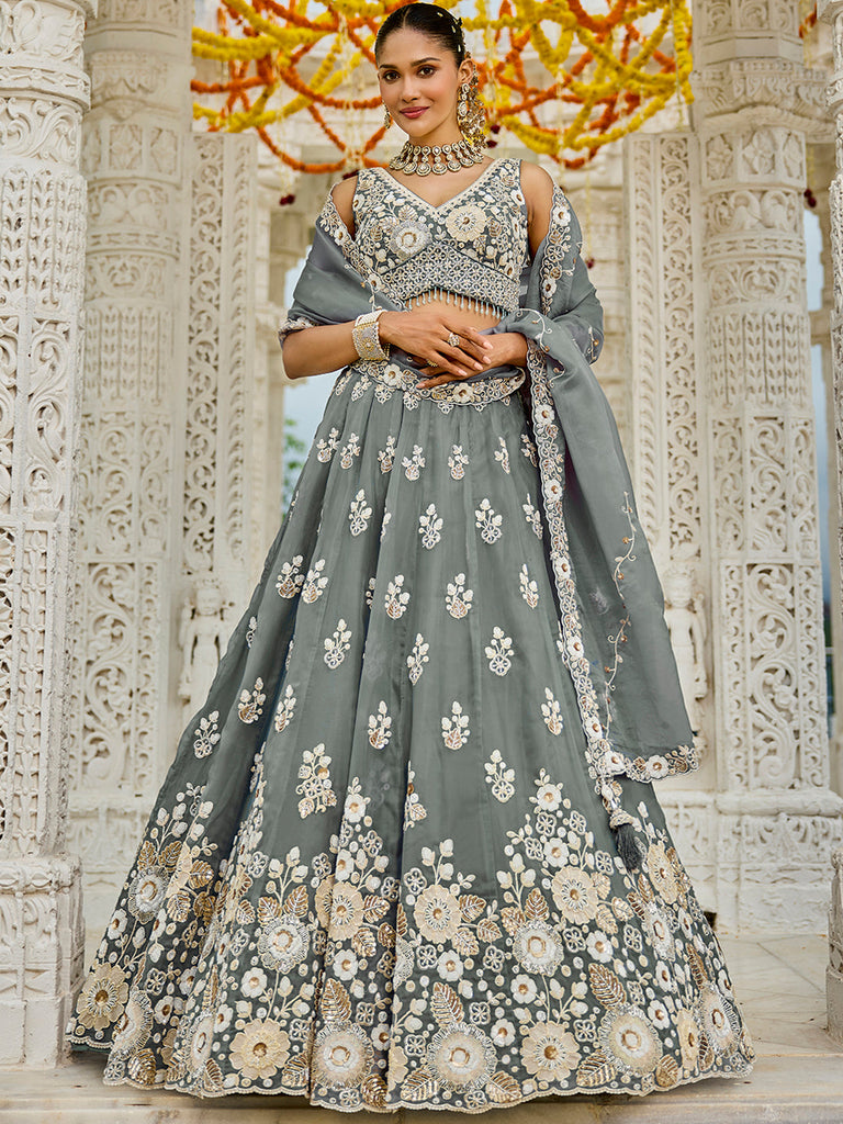 Gray Designer Organza Sequin & Embroidery Work Lehenga Choli with Dupatta – 4Meter Grand Flair, Fully Stitched ClothsVilla