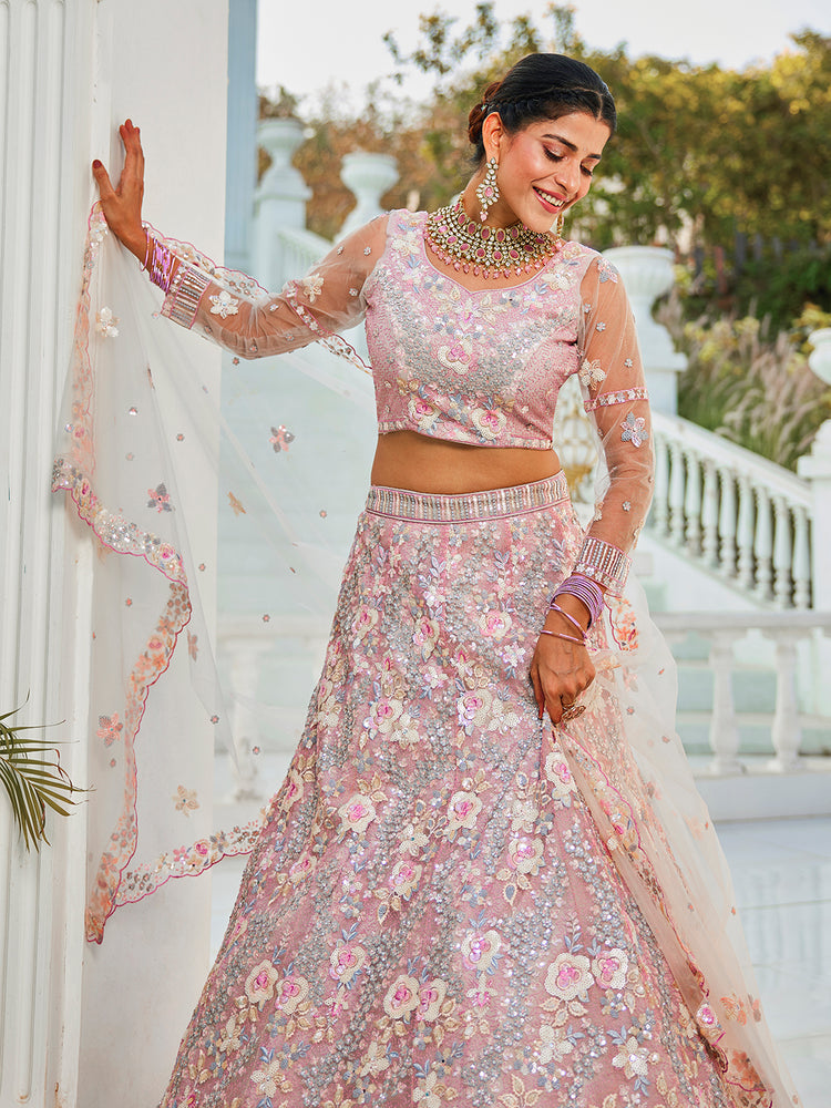 Gray Double Sequin Embroidered Net Lehenga Choli Dupatta Set with Mirror & Thread Work ClothsVilla