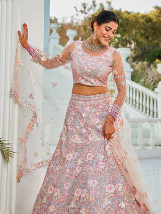 Gray Double Sequin Embroidered Net Lehenga Choli Dupatta Set with Mirror & Thread Work ClothsVilla