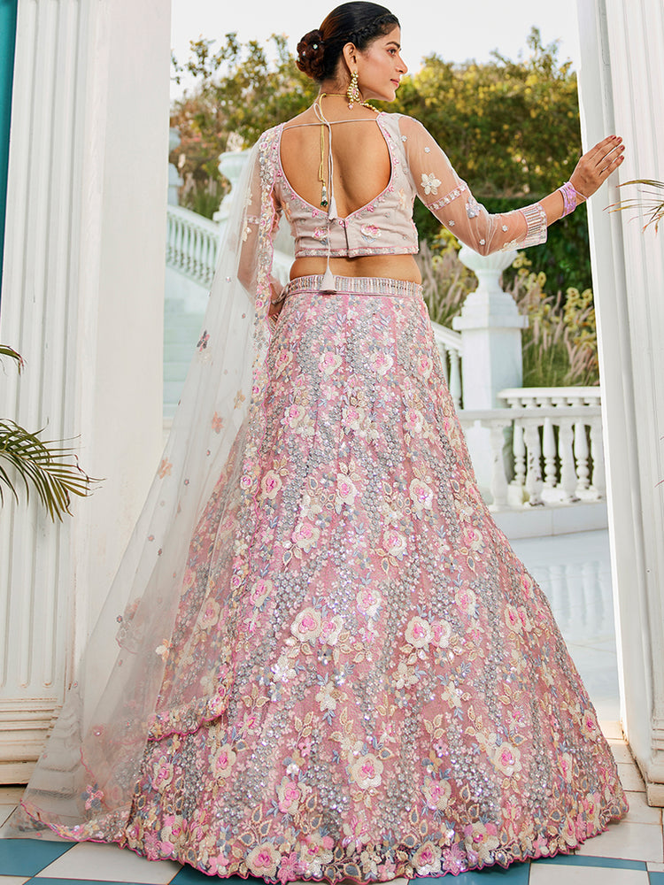 Gray Double Sequin Embroidered Net Lehenga Choli Dupatta Set with Mirror & Thread Work ClothsVilla