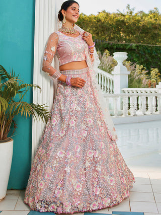 Gray Double Sequin Embroidered Net Lehenga Choli Dupatta Set with Mirror & Thread Work ClothsVilla