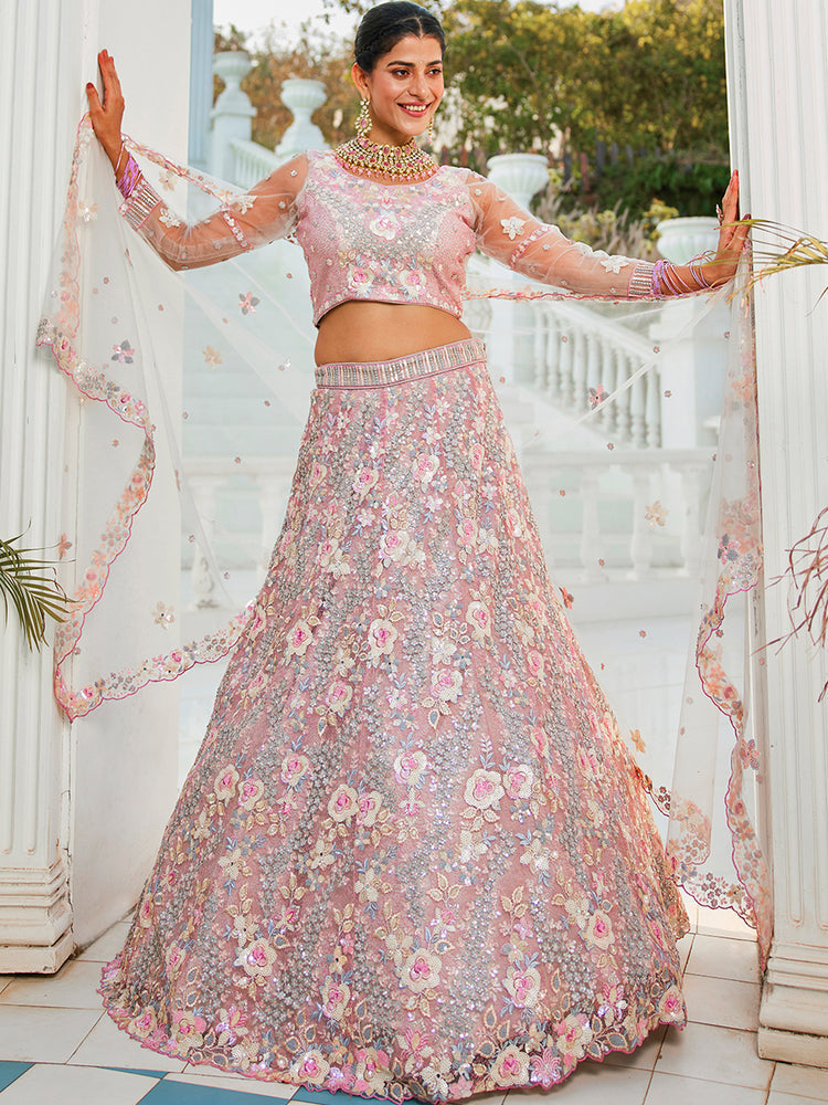 Gray Double Sequin Embroidered Net Lehenga Choli Dupatta Set with Mirror & Thread Work ClothsVilla