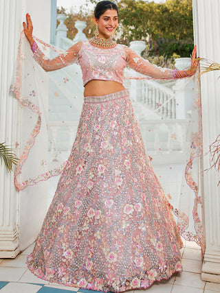 Gray Double Sequin Embroidered Net Lehenga Choli Dupatta Set with Mirror & Thread Work ClothsVilla