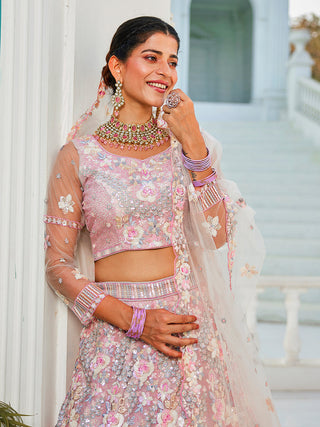 Gray Double Sequin Embroidered Net Lehenga Choli Dupatta Set with Mirror & Thread Work ClothsVilla