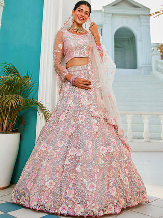 Gray Double Sequin Embroidered Net Lehenga Choli Dupatta Set with Mirror & Thread Work ClothsVilla